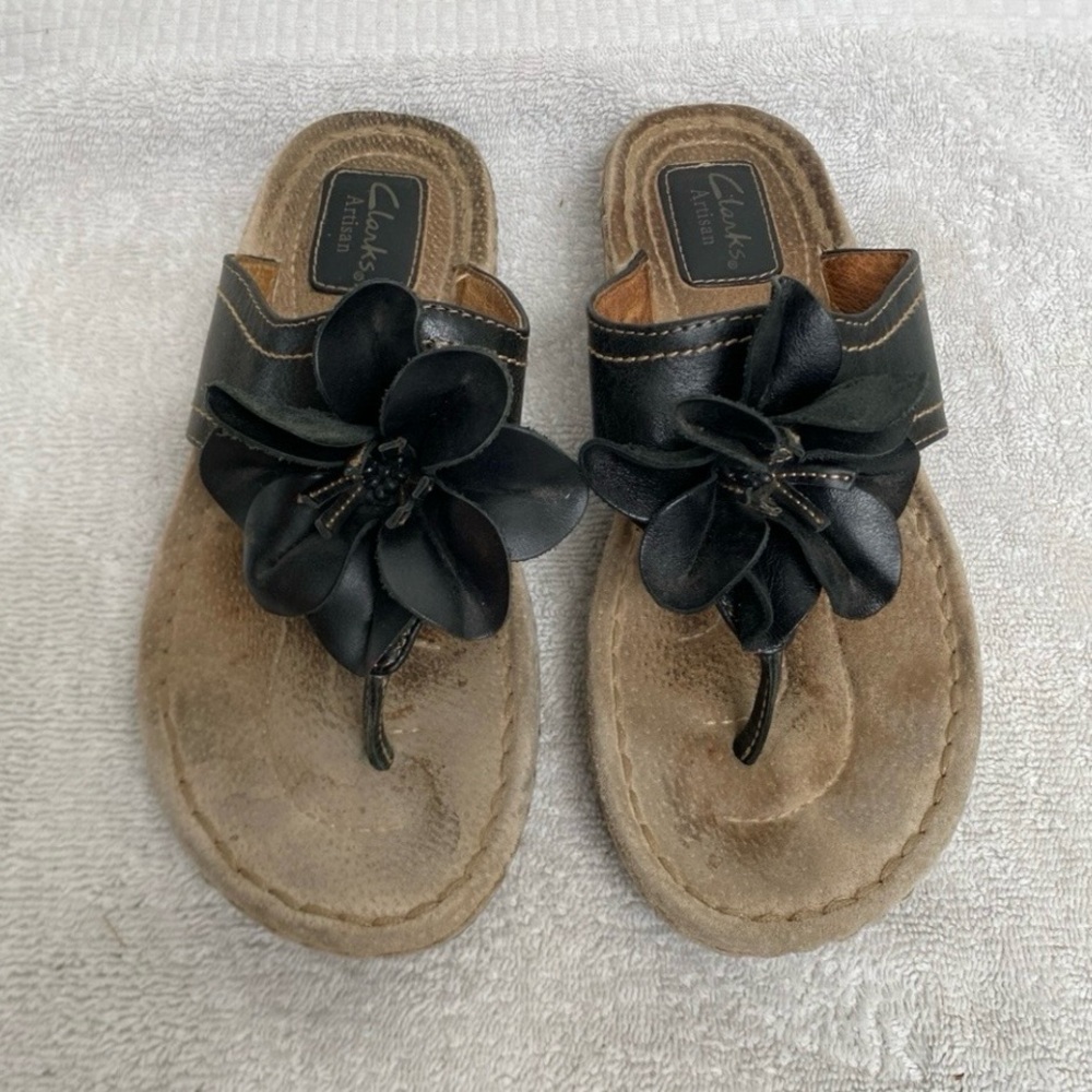 Clarks Artisan Womens Black Leather Flower Wedge Platform Sandals Size 6 Coastal